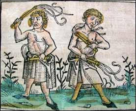 Woodcut of flagellants (Nuremberg Chronicle, by Hartmann Schedel, 1493), CCXVr.